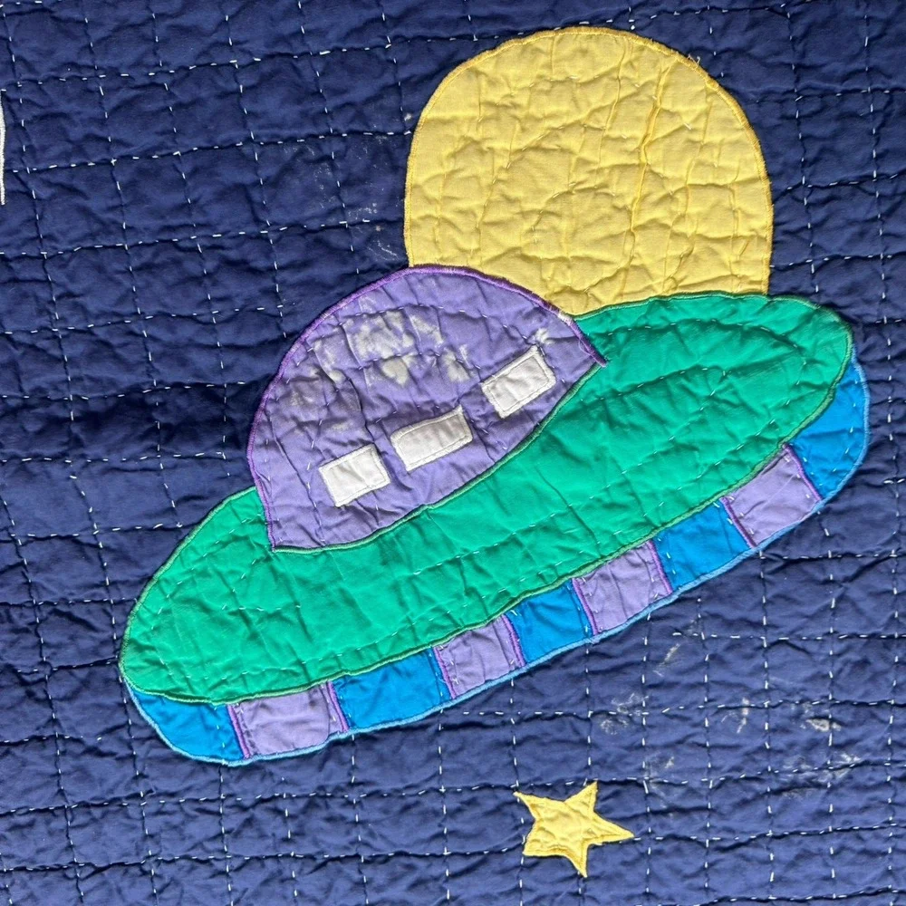 Vintage Space Quilt Twin Size 82x61.5 Rocket‎ Planet Solar System Kids Blanket